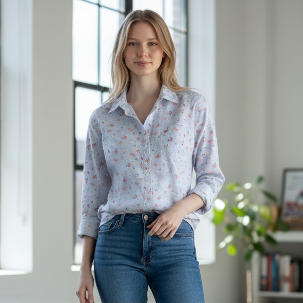 L.L. Bean Cotton Light Blue Button-Down Shirt with Pink Floral Print
